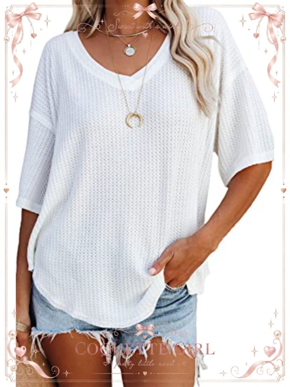 Women's Waffle Knit V-Neck Short Sleeve Tunic Top Casual Pullover